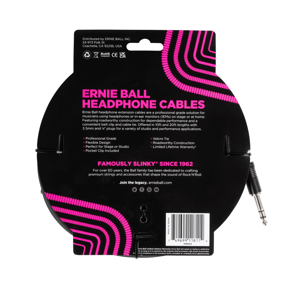 Ernie Ball Headphone Extension Cable 1/4 To 3.5Mm 20Ft - Black-Buzz Music