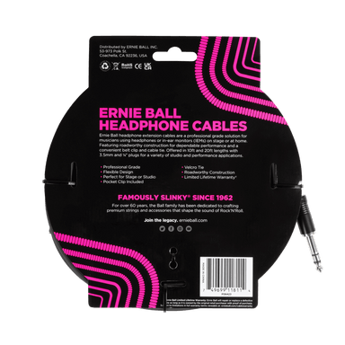 Ernie Ball Headphone Extension Cable 1/4 To 3.5Mm 20Ft - Black-Buzz Music