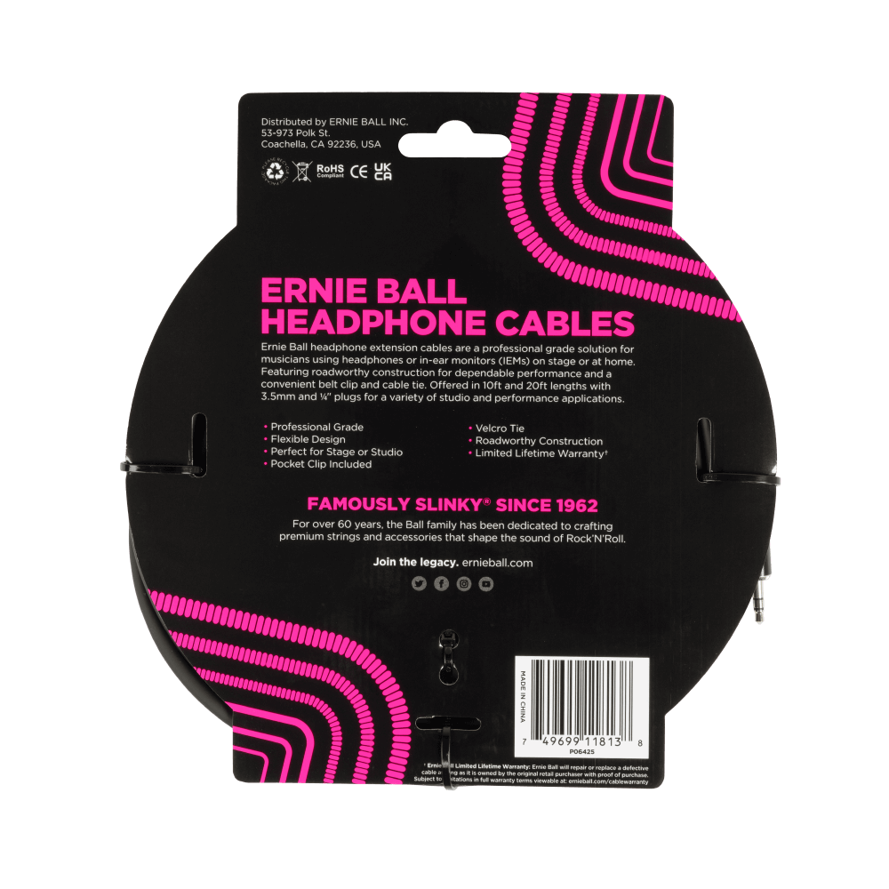 Ernie Ball Headphone Extension Cable 3.5Mm To 3.5Mm 20Ft - Black-Buzz Music