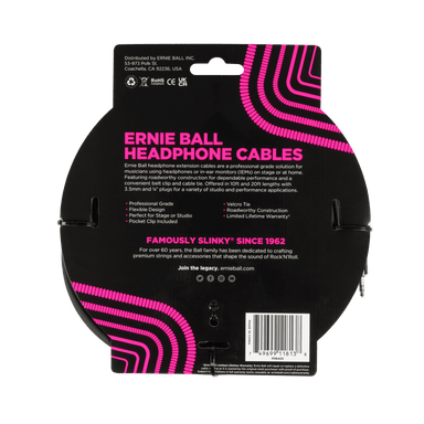 Ernie Ball Headphone Extension Cable 3.5Mm To 3.5Mm 20Ft - Black-Buzz Music