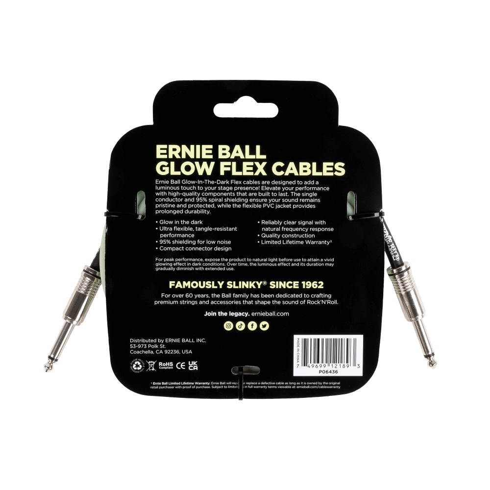 Ernie Ball Flex Instrument Cable Straight/Straight 10ft - Glow in Dark-Buzz Music