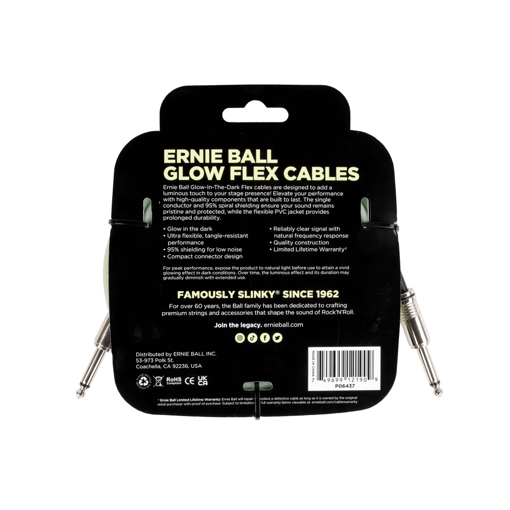 Ernie Ball Flex Instrument Cable Straight/Straight 20ft - Glow in Dark-Buzz Music