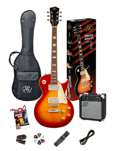 SX PKSE3SKCS - LP Style Guitar and Amp Pack – Cherry Sunburst - SX Guitar, 10 Watt Amp, Clip-On Tuner, Padded Bag, Strap, Picks, Lead, FREE Online Lessons-Buzz Music