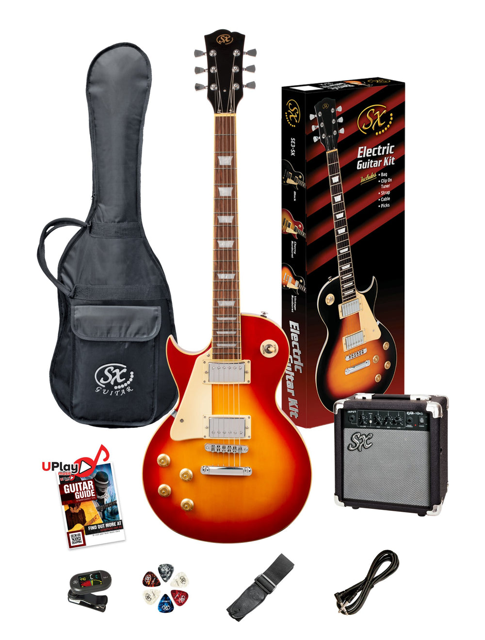 SX PKSE3SKLHCS - LP Style Guitar and Amp Pack – Cherry Sunburst – Left Hand - SX Guitar, 10 Watt Amp, Clip-On Tuner, Padded Bag, Strap, Picks, Lead, FREE Online Lessons-Buzz Music