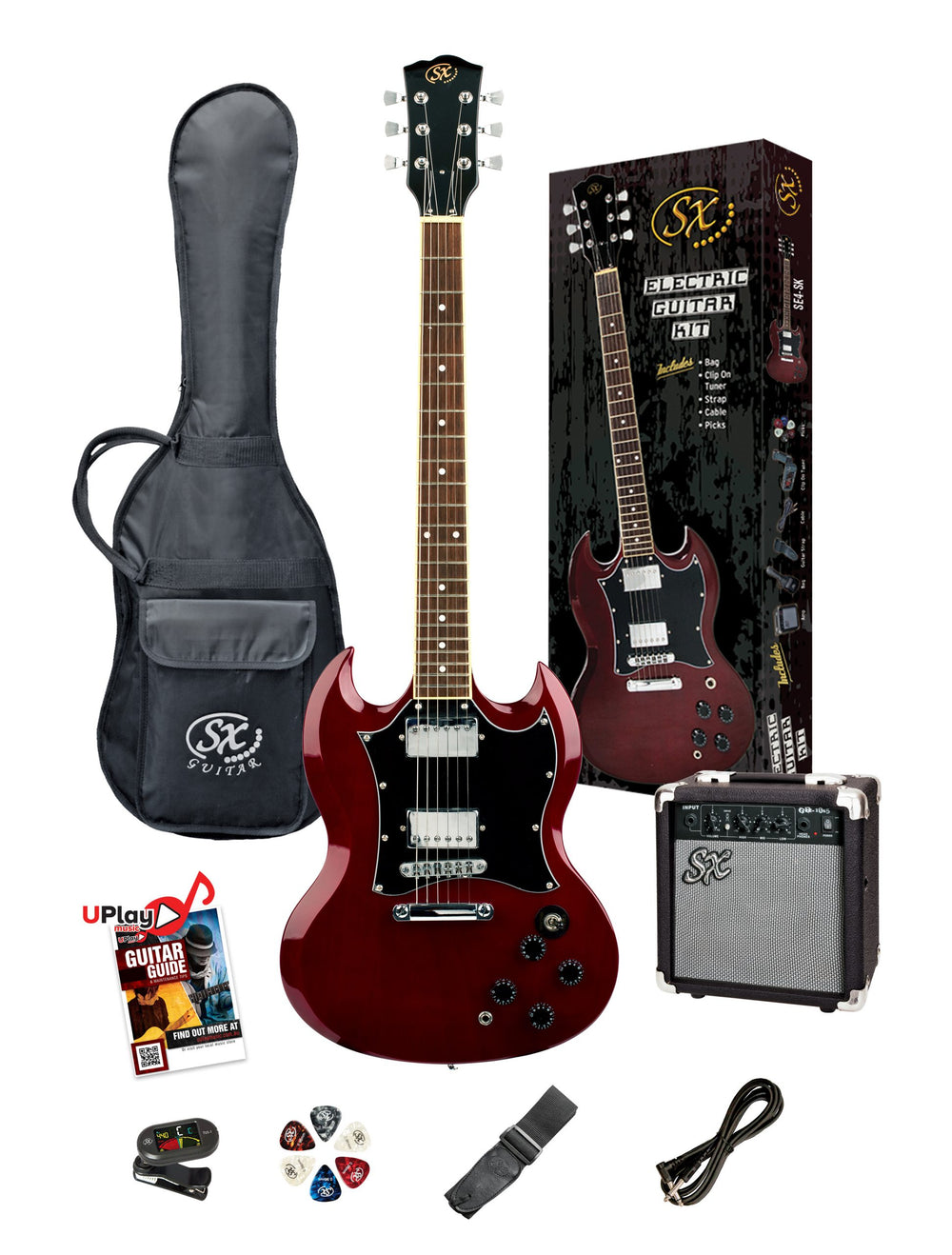 SX PKSE4SKTWR - SG Style Guitar and Amp Pack – Trans Wine Red - SX Guitar, 10 Watt Amp, Clip-On Tuner, Padded Bag, Strap, Picks, Lead, FREE Online Lessons-Buzz Music