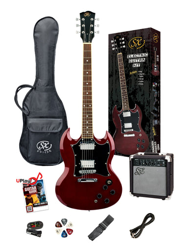 SX PKSE4SKTWR - SG Style Guitar and Amp Pack – Trans Wine Red - SX Guitar, 10 Watt Amp, Clip-On Tuner, Padded Bag, Strap, Picks, Lead, FREE Online Lessons-Buzz Music