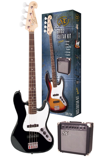 SX SB1SKB - JB Style Bass and Amp Pack – Black - SX Bass, 15 Watt Bass Amp, Clip-On Tuner, Gig Bag, Strap, Lead, FREE Online Lessons-Buzz Music