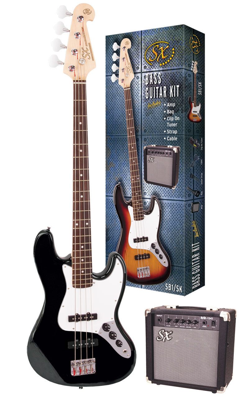 SX SB1SKB - JB Style Bass and Amp Pack – Black - SX Bass, 15 Watt Bass Amp, Clip-On Tuner, Gig Bag, Strap, Lead, FREE Online Lessons-Buzz Music