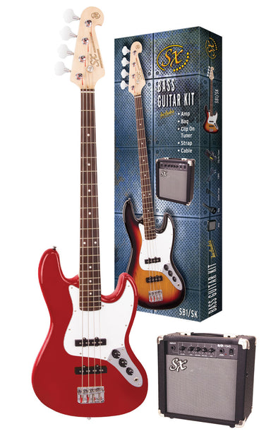SX SB1SKCAR - JB Style Bass and Amp Pack – Candy Apple Red - SX Bass, 15 Watt Bass Amp, Clip-On Tuner, Gig Bag, Strap, Lead, FREE Online Lessons-Buzz Music