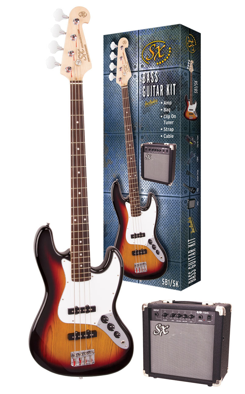 SX SB1SKTS - JB Style Bass and Amp Pack – 3 Tone Sunburst - SX Bass, 15 Watt Bass Amp, Clip-On Tuner, Gig Bag, Strap, Lead, FREE Online Lessons-Buzz Music