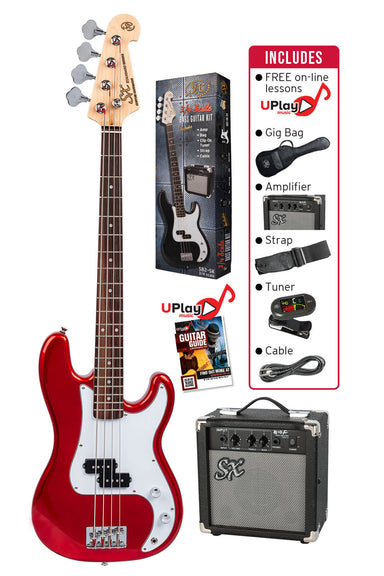 SX SB2SK34CAR - ¾ PB Style Bass and Amp Pack – Candy Apple Red - SX Bass, 15 Watt Bass Amp, Clip-On Tuner, Gig Bag, Strap, Lead, FREE Online Lessons-Buzz Music