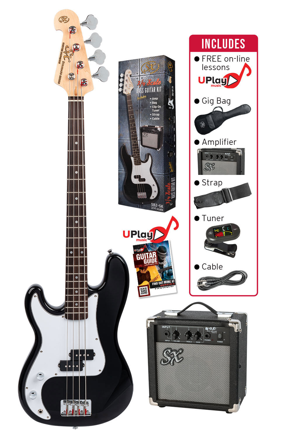 SX SB2SK34LHB - ¾ PB Style Bass and Amp Pack – Black – Left Hand - SX Bass, 15 Watt Bass Amp, Clip-On Tuner, Gig Bag, Strap, Lead, FREE Online Lessons-Buzz Music