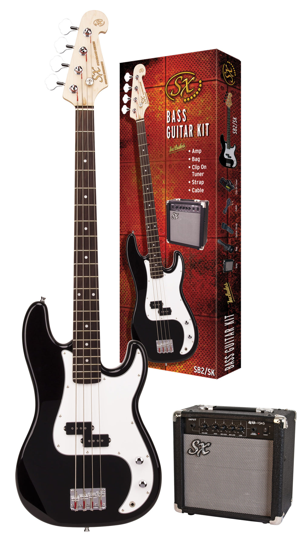 SX SB2SKB - PB Style Bass and Amp Pack – Black - SX Bass, 15 Watt Bass Amp, Clip-On Tuner, Gig Bag, Strap, Lead, FREE Online Lessons-Buzz Music