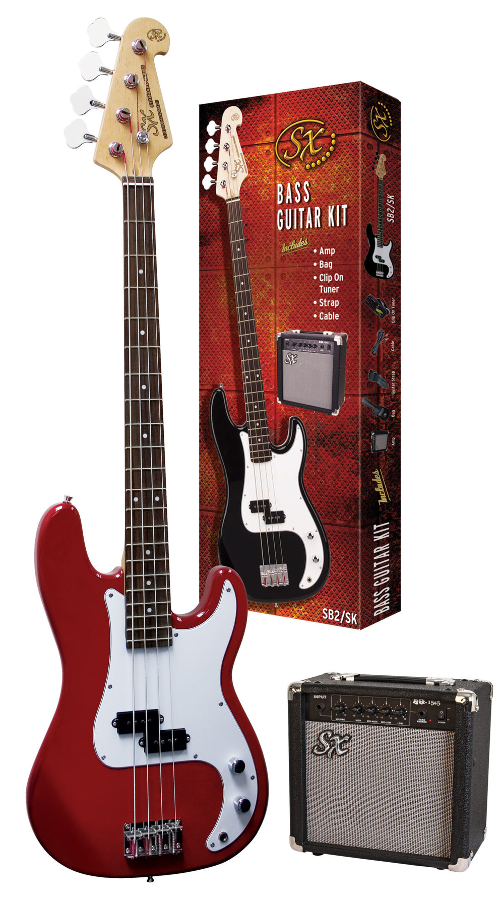 SX SB2SKCAR - PB Style Bass and Amp Pack – Candy Apple Red - SX Bass, 15 Watt Bass Amp, Clip-On Tuner, Gig Bag, Strap, Lead, FREE Online Lessons-Buzz Music