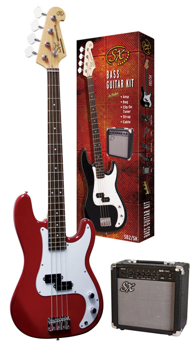 SX SB2SKCAR - PB Style Bass and Amp Pack – Candy Apple Red - SX Bass, 15 Watt Bass Amp, Clip-On Tuner, Gig Bag, Strap, Lead, FREE Online Lessons-Buzz Music
