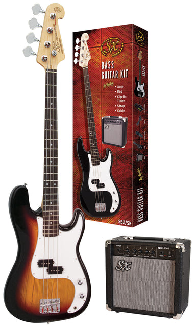 SX SB2SKTS - PB Style Bass and Amp Pack – 3 Tone Sunburst - SX Bass, 15 Watt Bass Amp, Clip-On Tuner, Gig Bag, Strap, Lead, FREE Online Lessons-Buzz Music