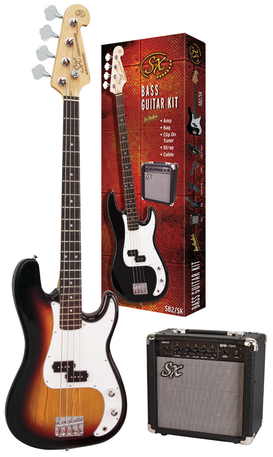SX SB2SKTS - PB Style Bass and Amp Pack – 3 Tone Sunburst - SX Bass, 15 Watt Bass Amp, Clip-On Tuner, Gig Bag, Strap, Lead, FREE Online Lessons-Buzz Music