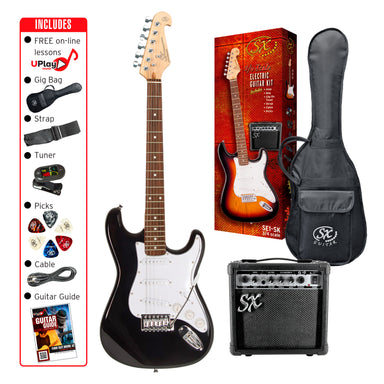SX SE1SK34B - ¾ Size SC Style Guitar and Amp Pack – Black - SX Guitar, SX 10 Watt Amp, Clip-On Tuner, Padded Bag, Strap, Picks, Lead, FREE Online Lessons-Buzz Music