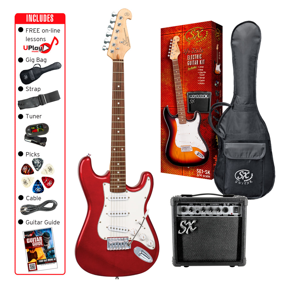 SX SE1SK34CAR - ¾ Size SC Style Guitar and Amp Pack – Candy Apple Red - SX Guitar, SX 10 Watt Amp, Clip-On Tuner, Padded Bag, Strap, Picks, Lead, FREE Online Lessons-Buzz Music
