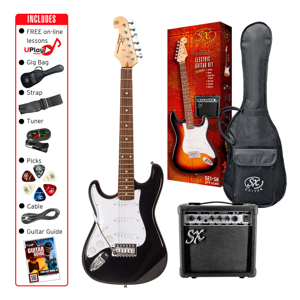 SX SE1SK34LHB - ¾ Size SC Style Guitar and Amp Pack – Black – Left Hand - SX Guitar, SX 10 Watt Amp, Clip-On Tuner, Padded Bag, Strap, Picks, Lead, FREE Online Lessons-Buzz Music