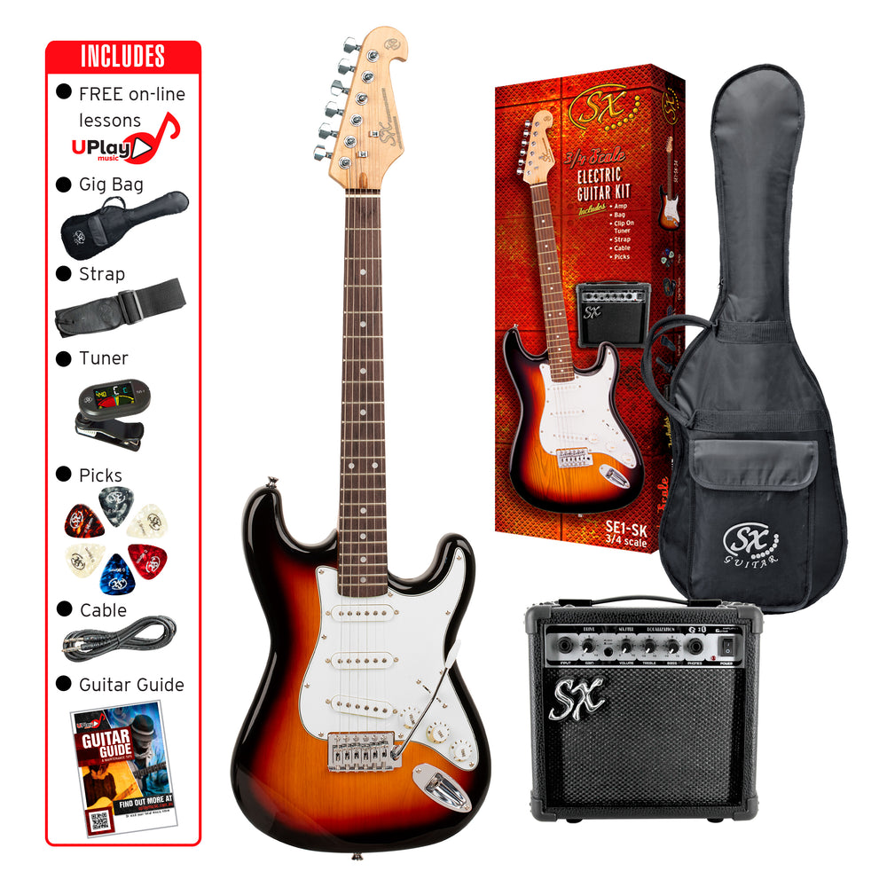 SX SE1SK34TS - ¾ Size SC Style Guitar and Amp Pack – 3 Tone Sunburst - SX Guitar, SX 10 Watt Amp, Clip-On Tuner, Padded Bag, Strap, Picks, Lead, FREE Online Lessons-Buzz Music