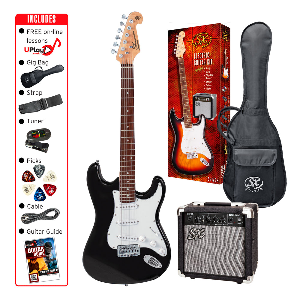 SX SE1SKB - SC Style Guitar and Amp Pack – Black - SX Guitar, SX 10 Watt Amp, Clip-On Tuner, Padded Bag, Strap, Picks, Lead, FREE Online Lessons-Buzz Music