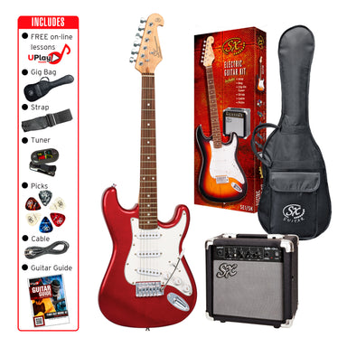 SX SE1SKCAR - SC Style Guitar and Amp Pack – Candy Apple Red - SX Guitar, SX 10 Watt Amp, Clip-On Tuner, Padded Bag, Strap, Picks, Lead, FREE Online Lessons-Buzz Music