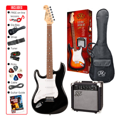 SX SE1SKLHB - SC Style Guitar and Amp Pack – Black – Left Hand - SX Guitar, SX 10 Watt Amp, Clip-On Tuner, Padded Bag, Strap, Picks, Lead, FREE Online Lessons-Buzz Music