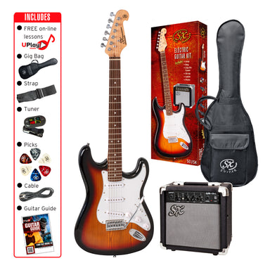SX SE1SKTS - SC Style Guitar and Amp Pack – 3 Tone Sunburst - SX Guitar, SX 10 Watt Amp, Clip-On Tuner, Padded Bag, Strap, Picks, Lead, FREE Online Lessons-Buzz Music