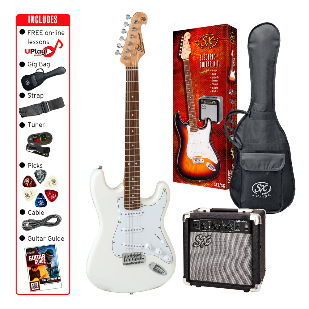 SX SE1SKW - SC Style Guitar and Amp Pack – White - SX Guitar, SX 10 Watt Amp, Clip-On Tuner, Padded Bag, Strap, Picks, Lead, FREE Online Lessons-Buzz Music