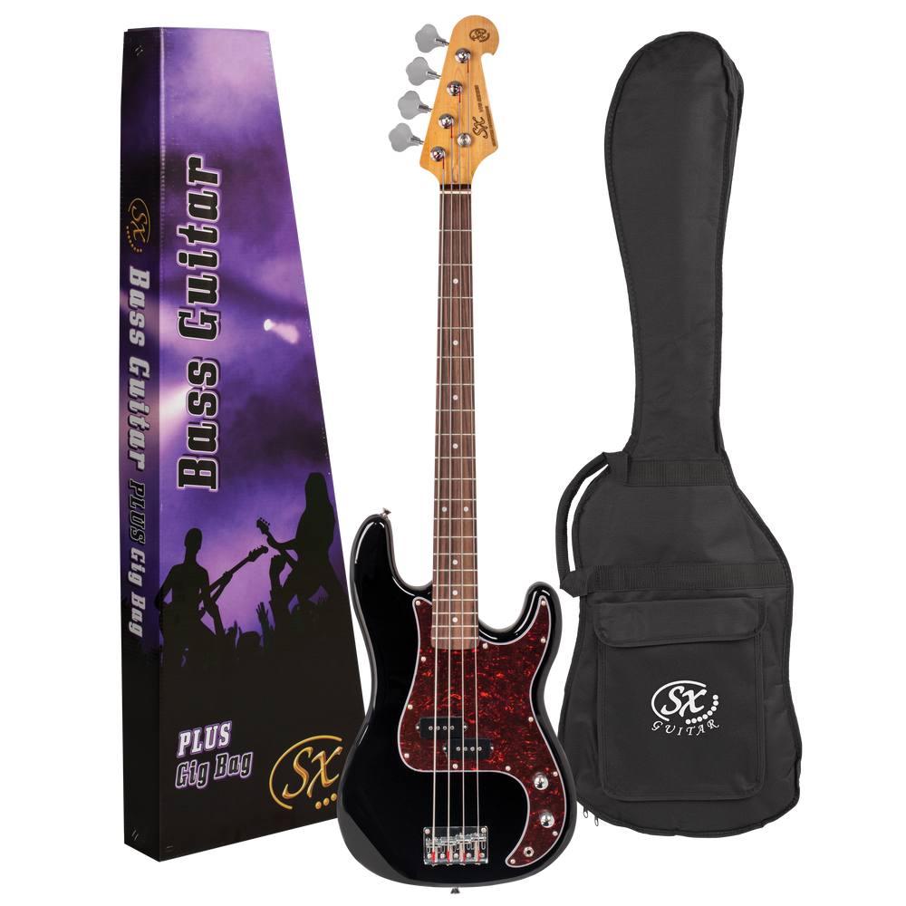 SX SPB62B-PK2 - Vintage Style Bass and Amp Pack – Black - SX Bass, 15 Watt Bass Amp,Padded Bag, FREE Online Lessons-Buzz Music