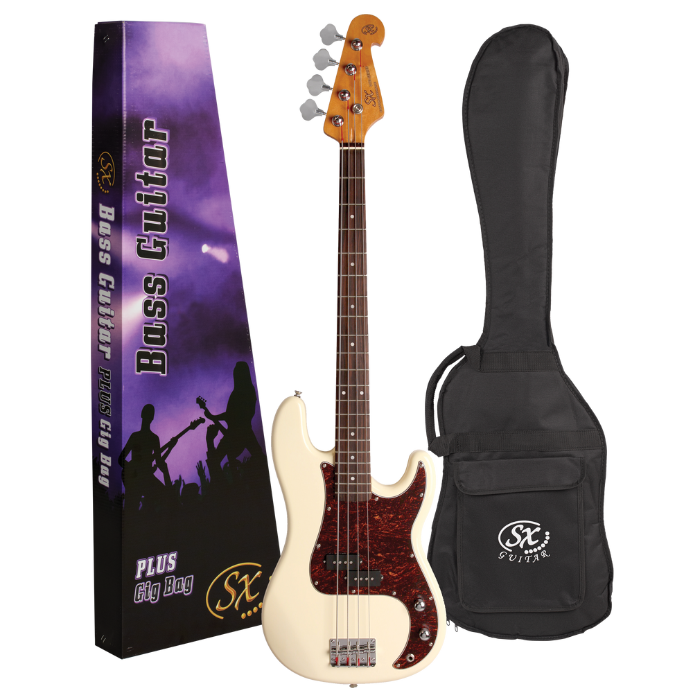 SX SPB62VWH-PK2 - Vintage Style Bass and Amp Pack – Vintage White - SX Bass, 15 Watt Bass Amp,Padded Bag, FREE Online Lessons-Buzz Music
