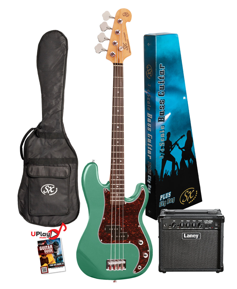 SX VEP34VGN-PK2 - ¾ PB Style Bass and Amp Pack – Vintage Green - SX Bass, 15 Watt Bass Amp,Padded Bag, FREE Online Lessons-Buzz Music