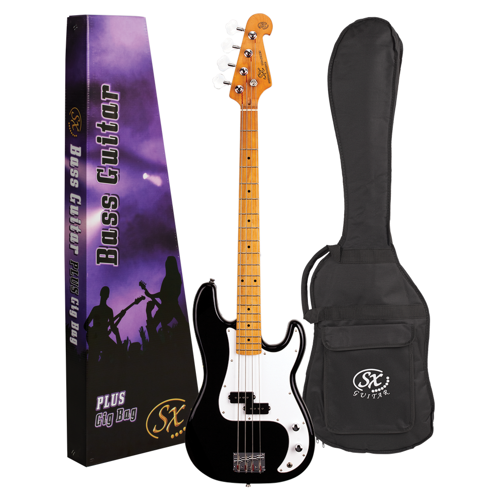 SX VEP57B - Vintage Style Bass – Maple Neck – Black - SX Bass, Padded Bag, FREE Online Lessons-Buzz Music