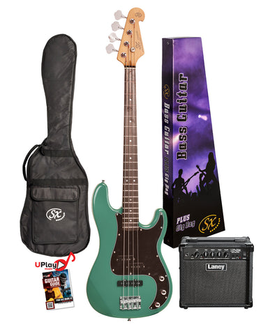 SX VEP62VGN-PK2 - PB Style Bass and Amp Pack – Vintage Green - SX Bass, 15 Watt Bass Amp,Padded Bag, FREE Online Lessons-Buzz Music