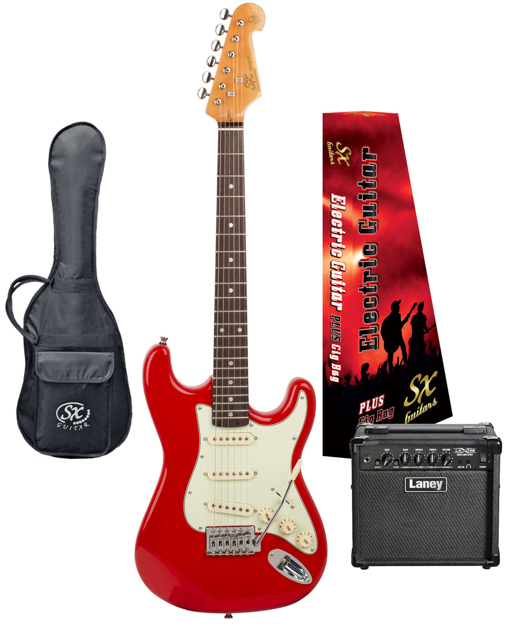 SX VES34FR-PK2 - ¾ Size SC Style Guitar and Amp Pack – Fiesta Red - SX Guitar, Laney 15 Watt Amplifier, Padded Gig Bag, FREE Online Lessons-Buzz Music