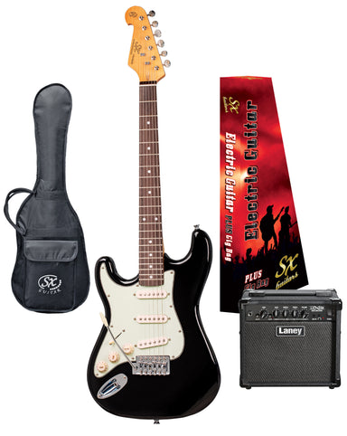 SX VES34LHB-PK2 - ¾ Size SC Style Guitar and Amp Pack – Black – Left Hand - SX Guitar, Laney 15 Watt Amplifier, Padded Gig Bag, FREE Online Lessons-Buzz Music