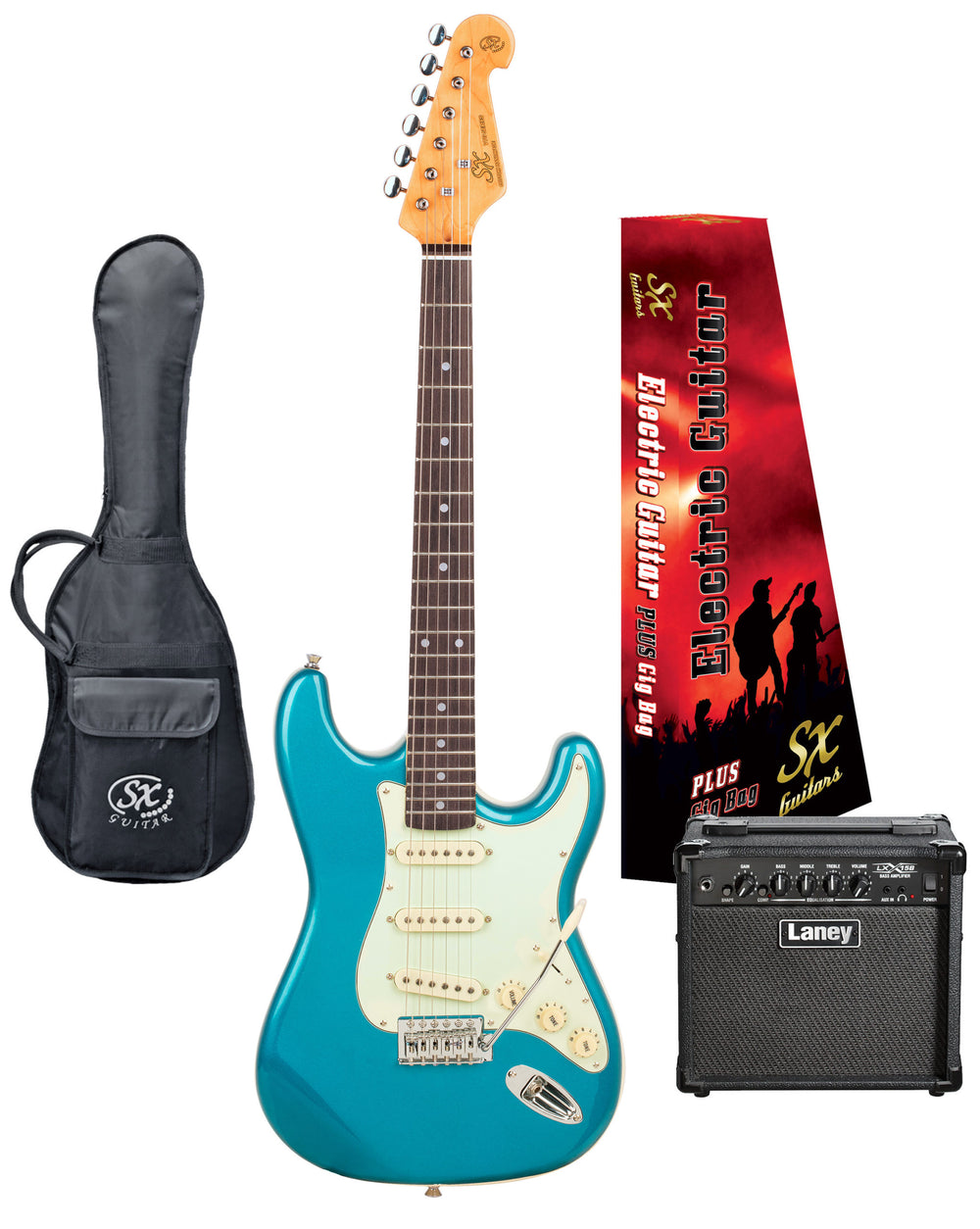 SX VES34LPB-PK2 - ¾ Size SC Style Guitar and Amp Pack – Lake Placid Blue - SX Guitar, Laney 15 Watt Amplifier, Padded Gig Bag, FREE Online Lessons-Buzz Music
