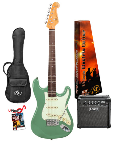 SX VES34VGN-PK2 - ¾ Size SC Style Guitar and Amp Pack – Vintage Green - SX Guitar, Laney 15 Watt Amplifier, Padded Gig Bag, FREE Online Lessons-Buzz Music