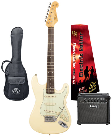 SX VES34VWH-PK2 - ¾ Size SC Style Guitar and Amp Pack – Vintage White - SX Guitar, Laney 15 Watt Amplifier, Padded Gig Bag, FREE Online Lessons-Buzz Music