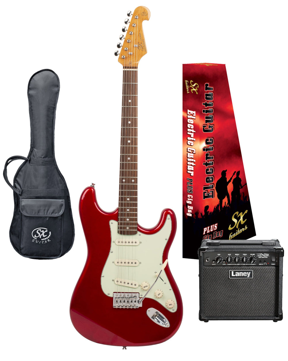 SX VES62HCAR-PK2 - SC Style Guitar w/Humbucker – Candy Apple Red - SX Guitar, Laney 15 Watt Amplifier, Padded Gig Bag, FREE Online Lessons-Buzz Music