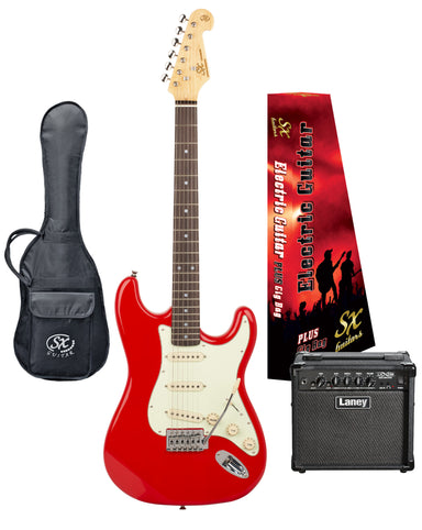 SX VES62FR-PK2 - SC Style Guitar and Amp Pack – Fiesta Red - SX Guitar, Laney 15 Watt Amplifier, Padded Gig Bag, FREE Online Lessons-Buzz Music