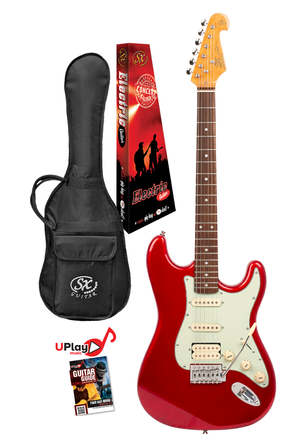 SX VES62HCAR - SC Style Guitar w/Humbucker – Candy Apple Red - SX Guitar, SX Heavy Duty Padded Bag, FREE Online Lessons-Buzz Music