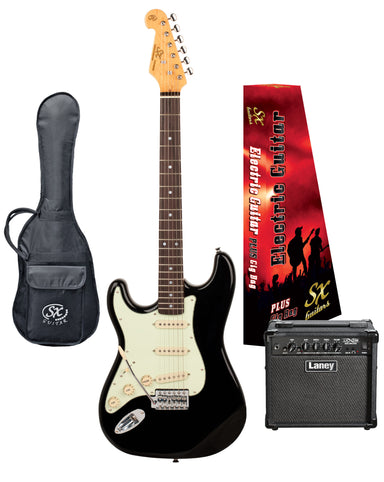 SX VES62LHB-PK2 - SC Style Guitar and Amp Pack – Black – Left Hand - SX Guitar, Laney 15 Watt Amplifier, Padded Gig Bag, FREE Online Lessons-Buzz Music