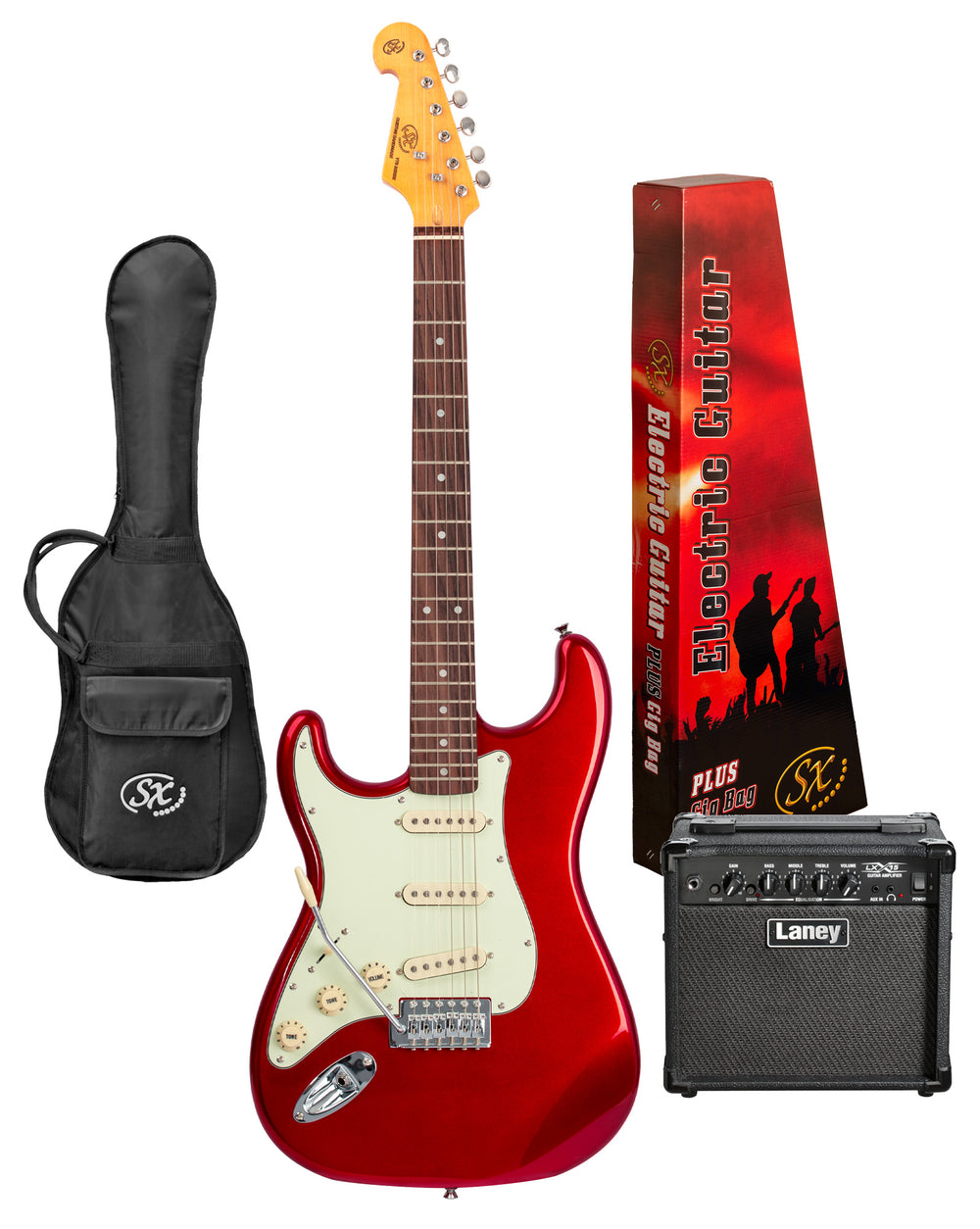 SX VES62LHCAR-PK2 - SC Style Guitar and Amp Pack – Candy Apple Red – Left Hand - SX Guitar, Laney 15 Watt Amplifier, Padded Gig Bag, FREE Online Lessons-Buzz Music
