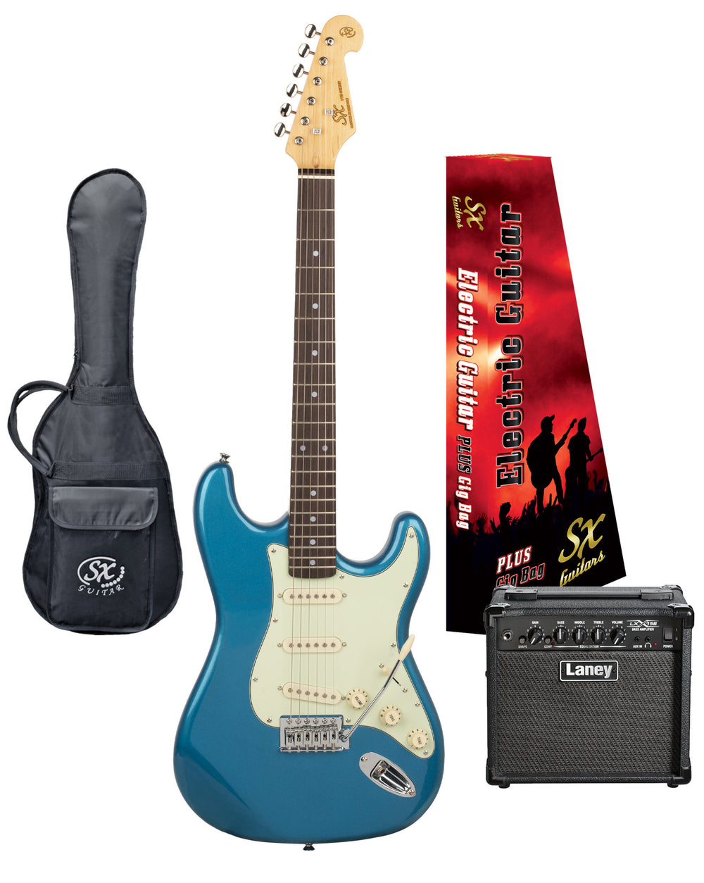 SX VES62LPB-PK2 - SC Style Guitar and Amp Pack – Lake Placid Blue - SX Guitar, Laney 15 Watt Amplifier, Padded Gig Bag, FREE Online Lessons-Buzz Music