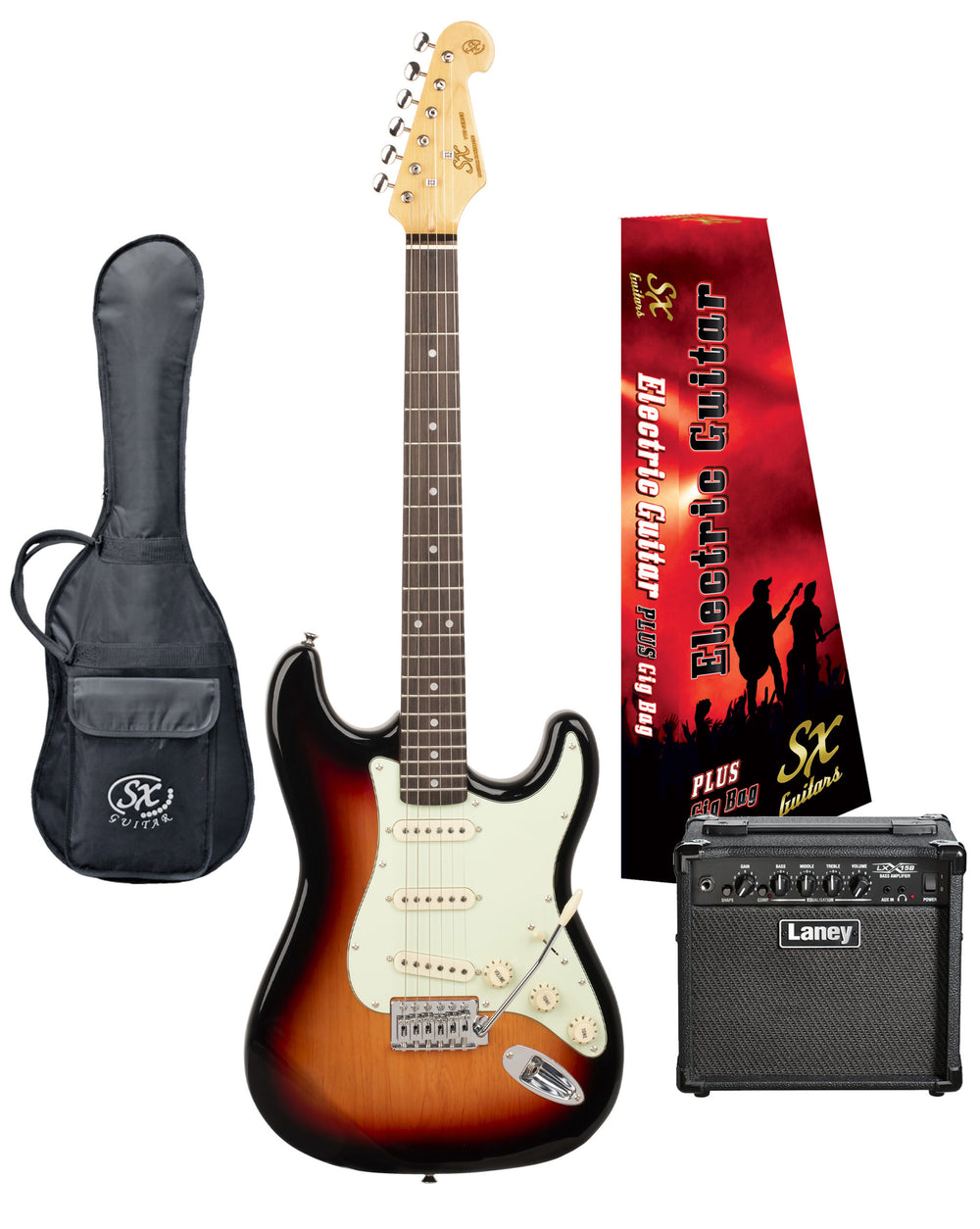 SX VES62TS-PK2 - SC Style Guitar and Amp Pack – 3 Tone Sunburst - SX Guitar, Laney 15 Watt Amplifier, Padded Gig Bag, FREE Online Lessons-Buzz Music