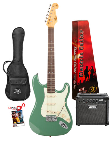 SX VES62VGN-PK2 - SC Style Guitar and Amp Pack – Vintage Green - SX Guitar, Laney 15 Watt Amplifier, Padded Gig Bag, FREE Online Lessons-Buzz Music