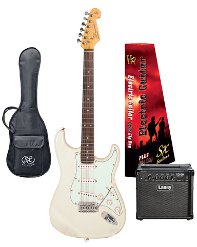 SX VES62VWH-PK2 - SC Style Guitar and Amp Pack – Vintage White - SX Guitar, Laney 15 Watt Amplifier, Padded Gig Bag, FREE Online Lessons-Buzz Music