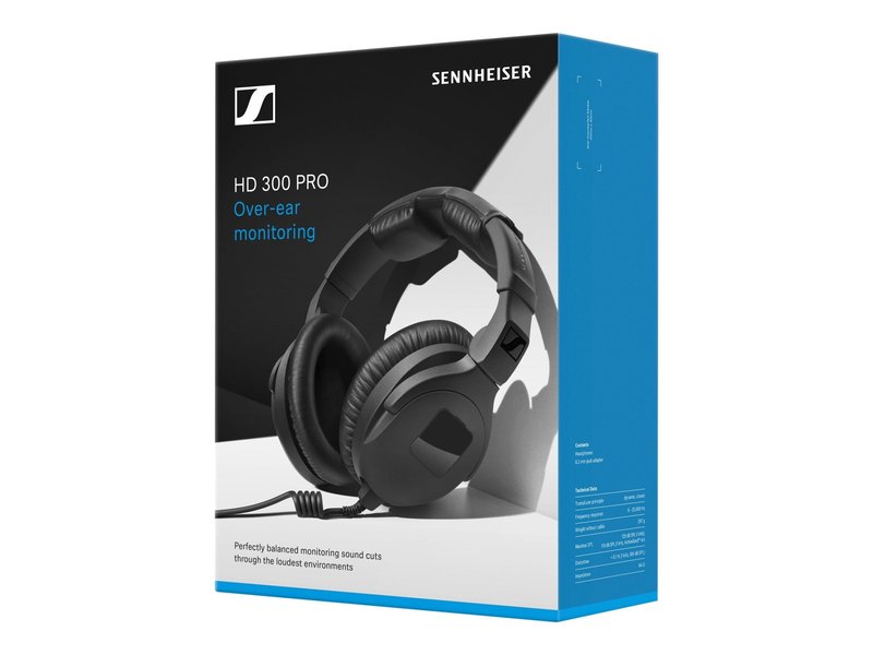 Sennheiser HD 300 PRO Monitoring headphone with ultra-linear response 64 ohm and 1.5m cable with 3.5mm jack. Includes 1 HD 300 PRO headphone, 1 1.5m cable with 3.5mm jack and 1 1-4 adapter jack-Buzz Music